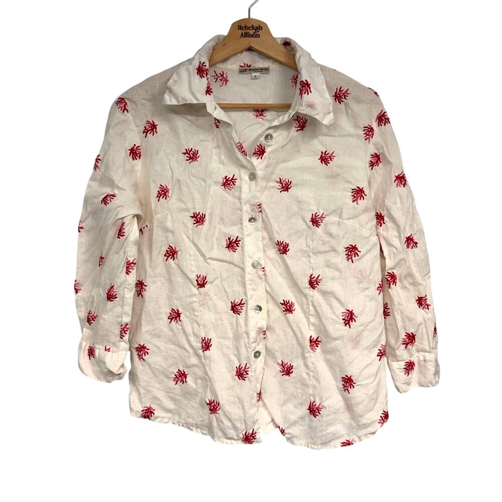 VTG Mastro Moda 100% Linen Embroidered Coral White Button Up SZ LARGE Italy Made